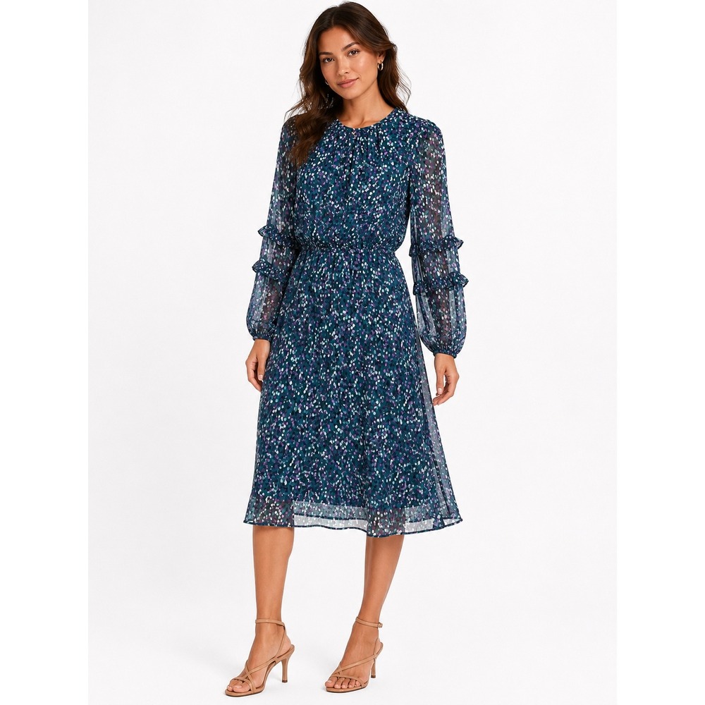 London Times Midi Dress Women 12P Teal Purple Ruffle Sleeve Lurex Shimmer Floral